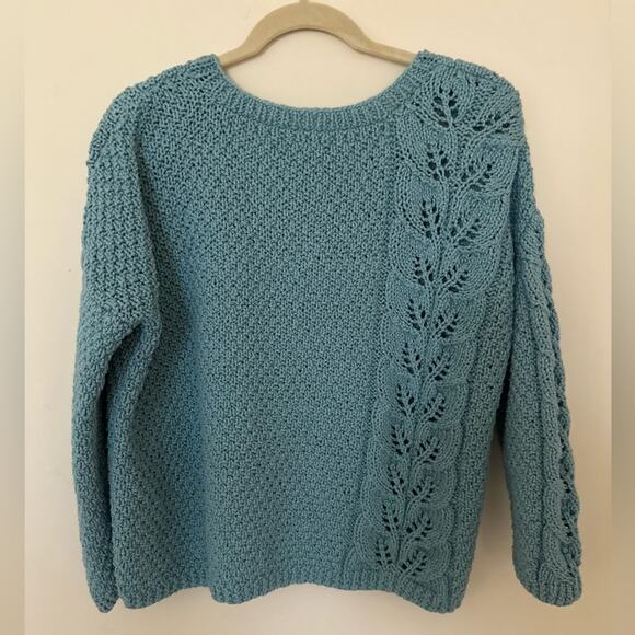 Cotton Hand Made Crew Neck Long Sleeves Teal Cable Knit Sweater size Medium - Picture 2 of 9